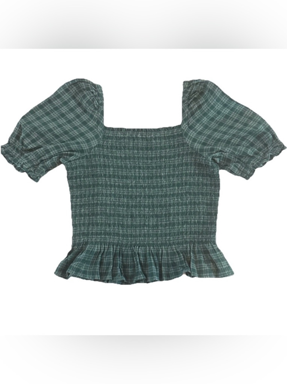 J. Crew Green Plaid Smocked Puff Sleeve Top